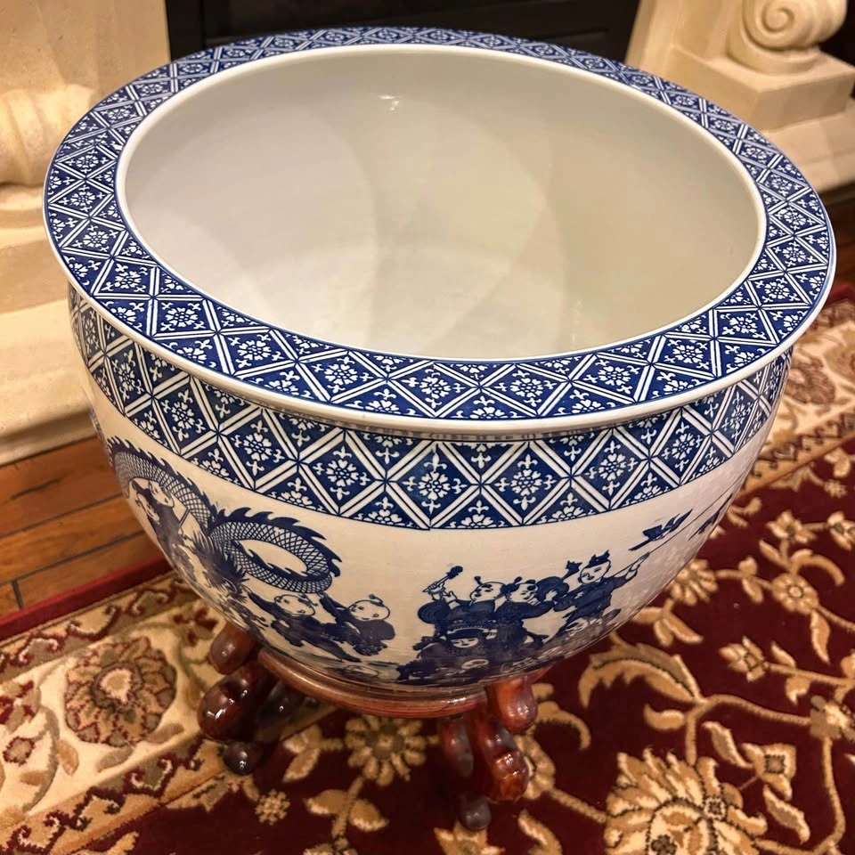 Blue & White Porcelain Fishbowl Planter with Wooden Stand - photo 4