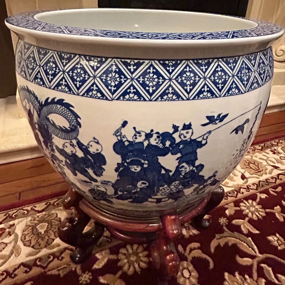 Blue & White Porcelain Fishbowl Planter with Wooden Stand - photo 5