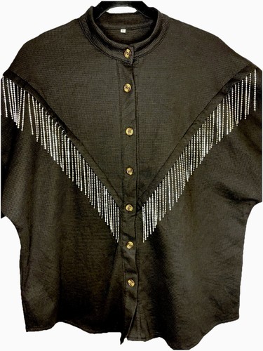 WESTERN RHINESTONE FRINGE Button Up Waffle Knit Black Shirt XL