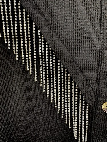 WESTERN RHINESTONE FRINGE Button Up Waffle Knit Black Shirt XL - photo 3