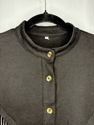 WESTERN RHINESTONE FRINGE Button Up Waffle Knit Black Shirt XL - photo 4