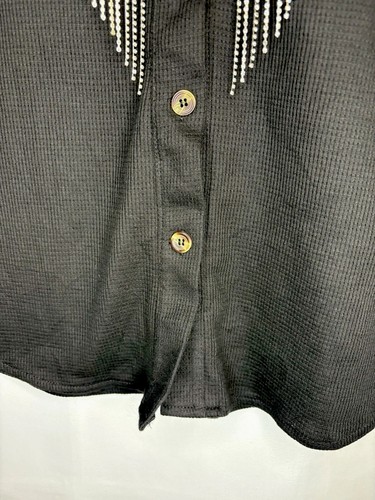 WESTERN RHINESTONE FRINGE Button Up Waffle Knit Black Shirt XL - photo 5