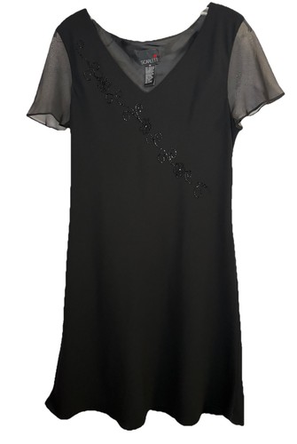 SCARLETT SHEATH LITTLE BLACK DRESS w. Sheer Cap Sleeve & Beading