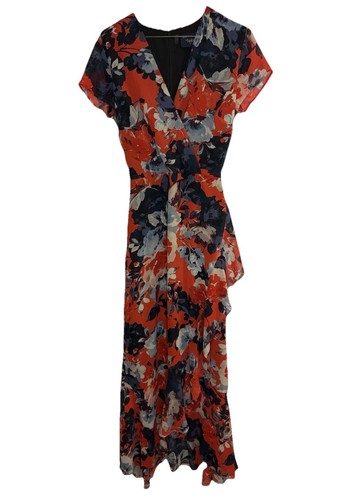 JUST TAYLOR Maxi Wrap Dress, Red Blue Floral, Size 6