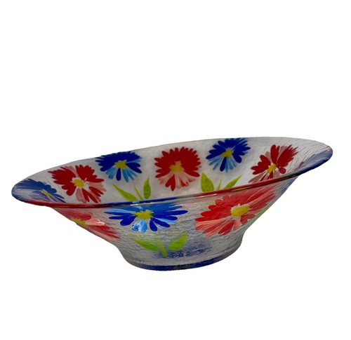 Fused Crackle 13 Inch Glass Bowl With Painted Floral Design