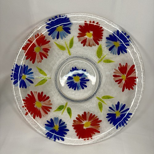 Fused Crackle 13 Inch Glass Bowl With Painted Floral Design - photo 2