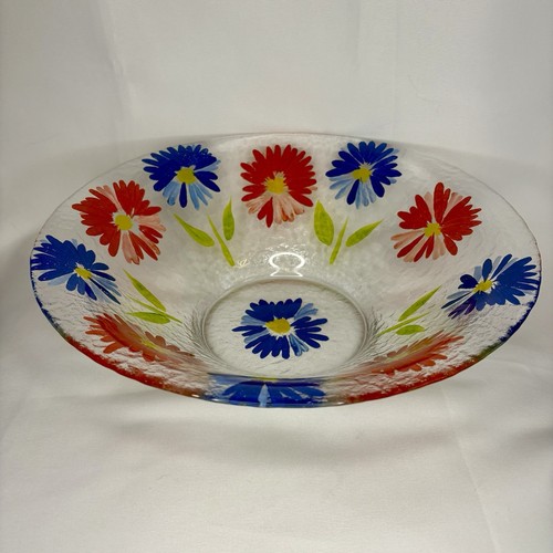 Fused Crackle 13 Inch Glass Bowl With Painted Floral Design - photo 3