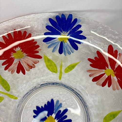 Fused Crackle 13 Inch Glass Bowl With Painted Floral Design - photo 4