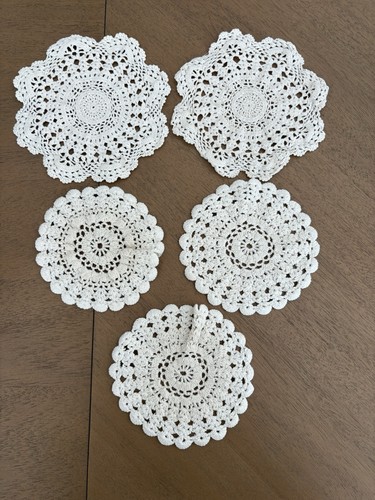 VINTAGE Set of 5 HANDMADE DOILIES, Various Sizes, See Pics