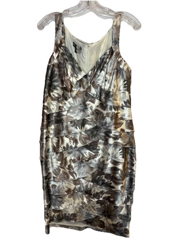 LONDON STYLE NIGHTS Satin Bodycon Tiered Beige Dress Size 14