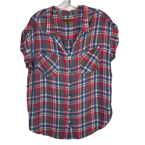 JACHS GIRLFRIEND Plaid Short Sleeve Button Blouse Pink XL