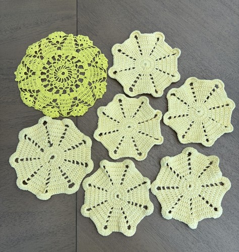 VINTAGE Set of 7 Yellow HANDMADE DOILIES, Various Sizes