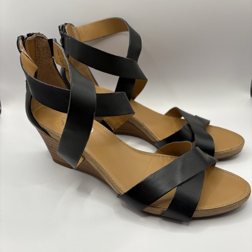 Franco Sarto Women’s Darling Wedge Black Leather Sandals Sz 6