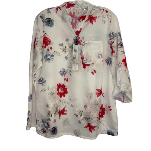Unbranded Women’s White Tunic Top Blue & Red Flowers Sz Med