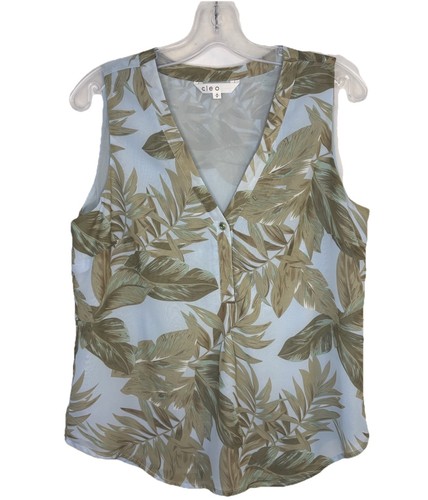 CLEO Women’s Green Fern Print On Baby Blue Lined Tank Blouse, Si