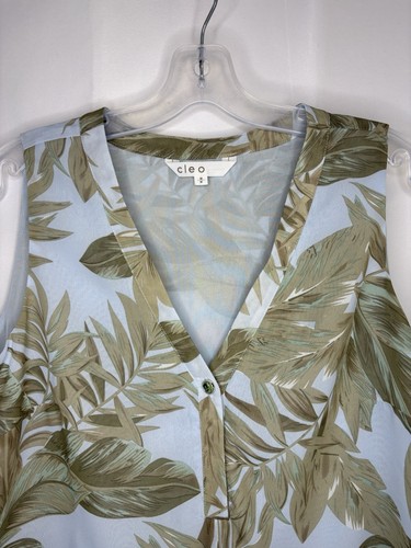CLEO Women’s Green Fern Print On Baby Blue Lined Tank Blouse, Si - photo 2
