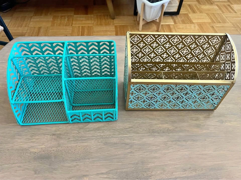 Teal and Gold Metal Mesh Desk Organizers