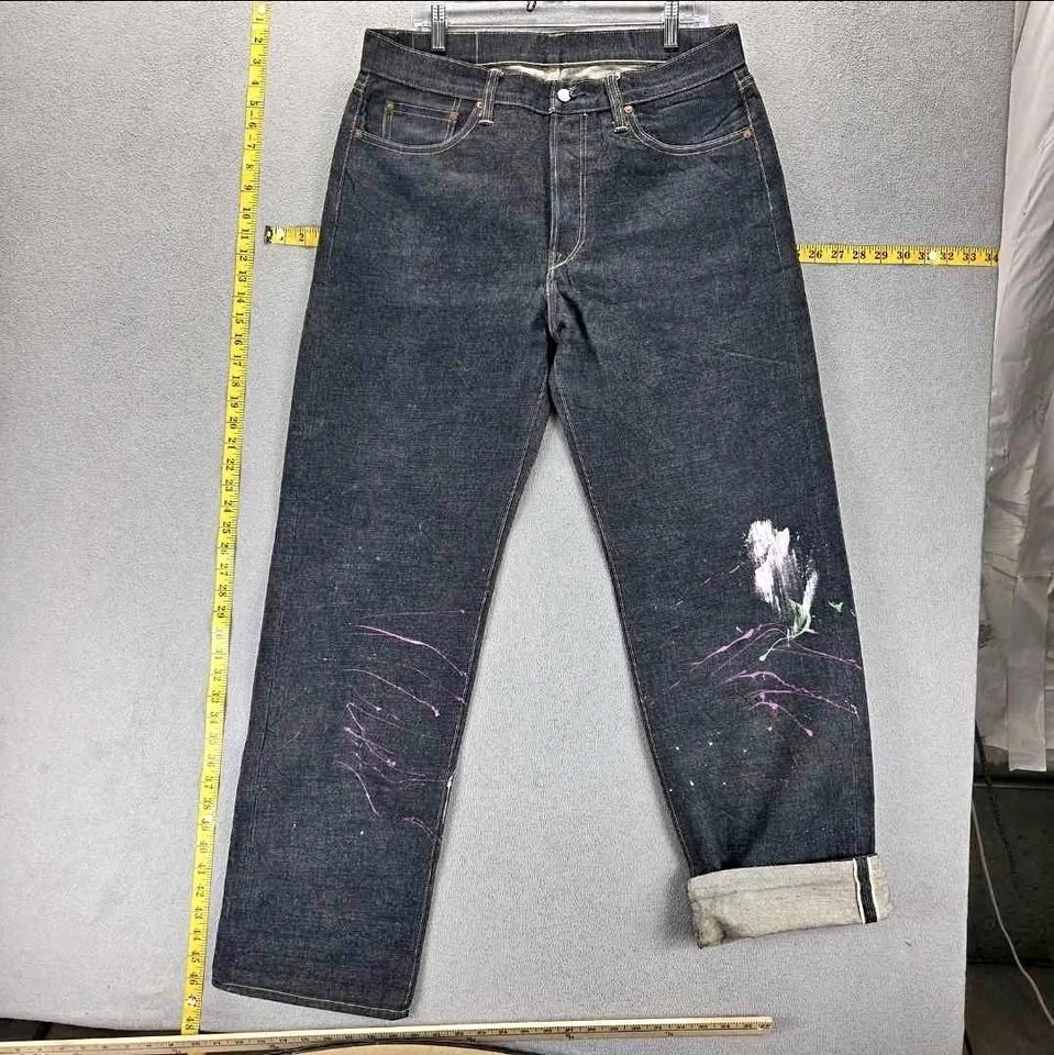 Non Stock Jeans Mens 34x32 Blue Selvedge Raw Denim Paint Splatte