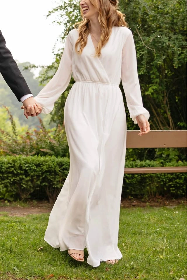 Flowy white chiffon bridal dress