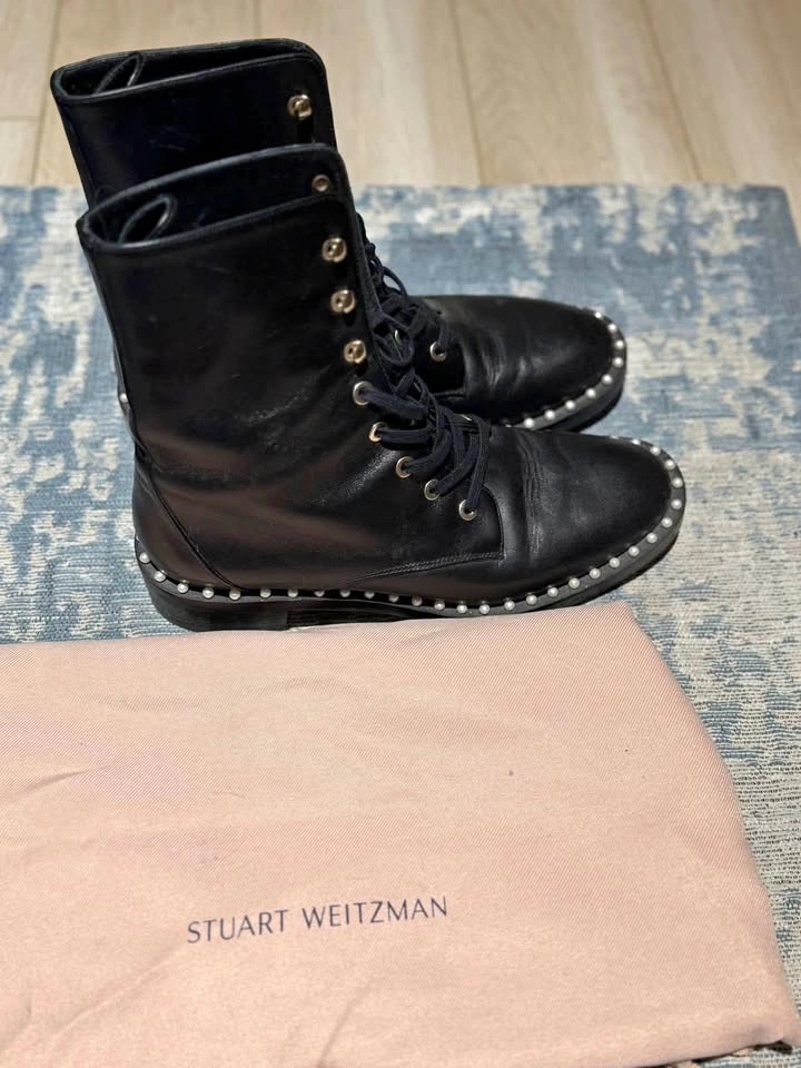 Stuart Weitzman Black Leather Combat Boots- Size 6.5