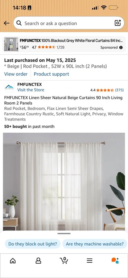 FMFUNCTEX Linen Sheer Natural Beige Curtains 52W x 90L - photo 3
