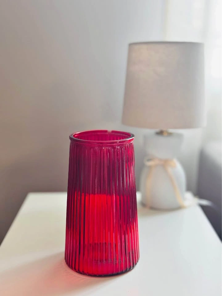 Red Ribbed Tapered Glass Vase