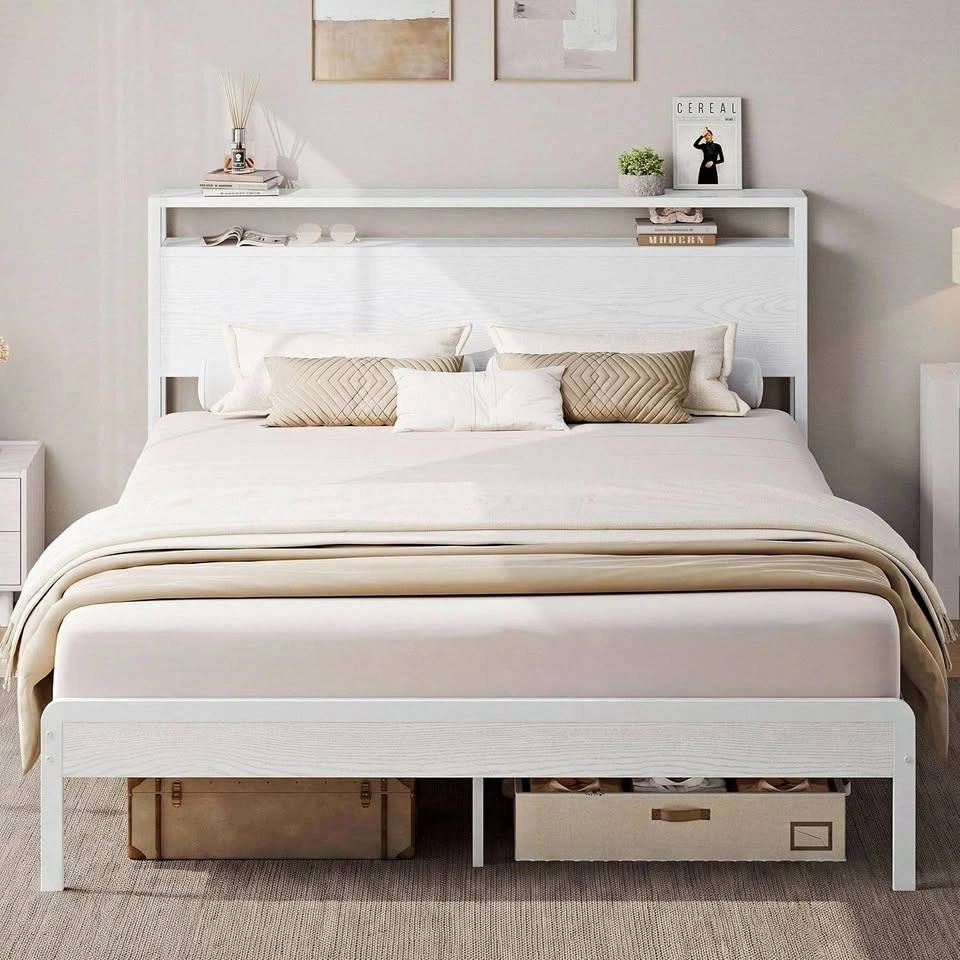Queen Bed Frame with 2-Tier Storage Shelf Headboard