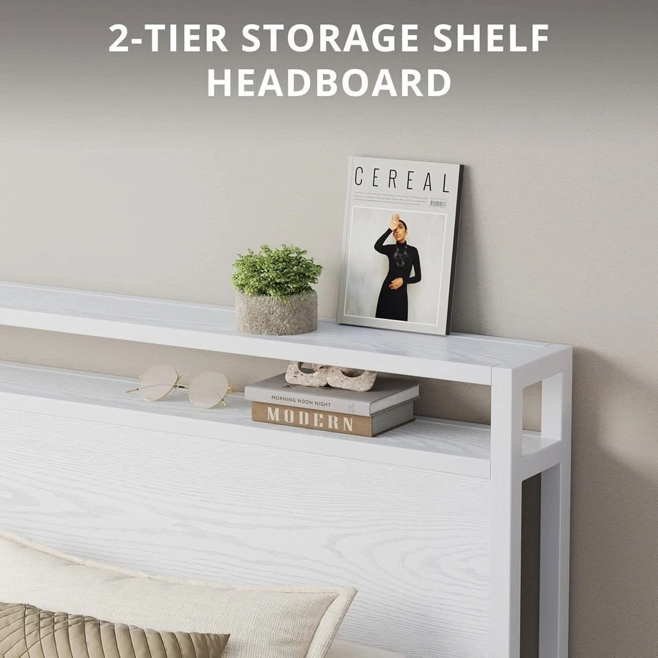 Queen Bed Frame with 2-Tier Storage Shelf Headboard - photo 3