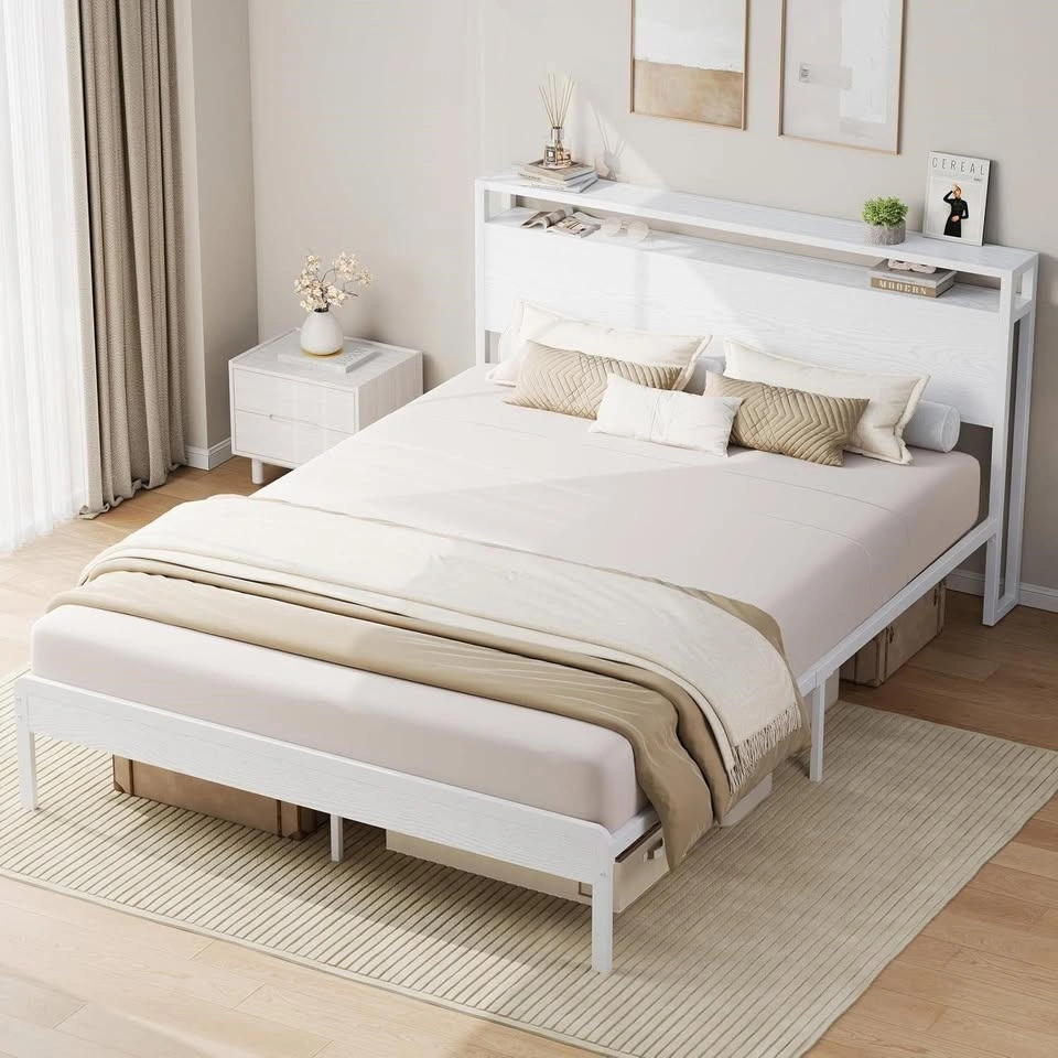 Queen Bed Frame with 2-Tier Storage Shelf Headboard - photo 4