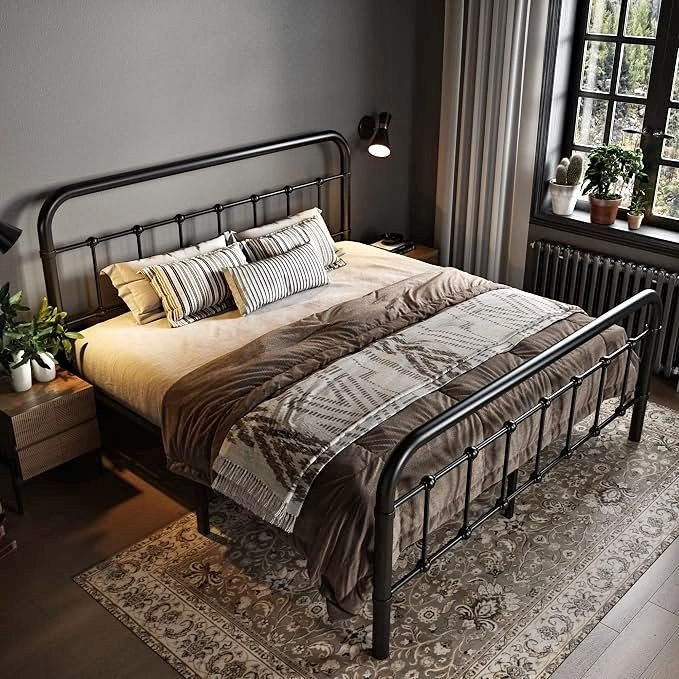 Queen Metal Platform Bed Frame with Iron-Art Headboard