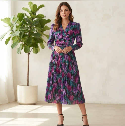 Vintage 80s Dallairds Purple Floral Pleated Midi Dress Sz 10