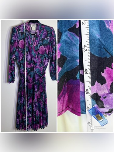 Vintage 80s Dallairds Purple Floral Pleated Midi Dress Sz 10 - photo 2