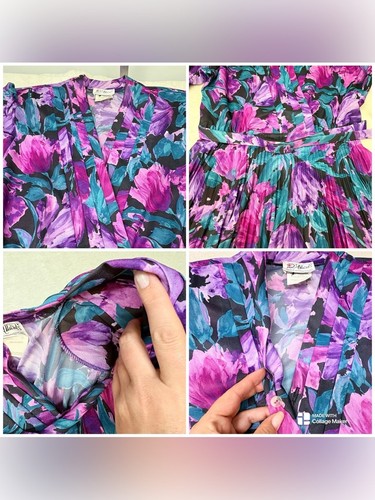 Vintage 80s Dallairds Purple Floral Pleated Midi Dress Sz 10 - photo 4