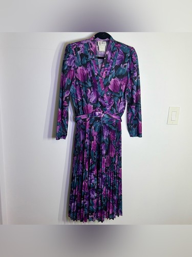 Vintage 80s Dallairds Purple Floral Pleated Midi Dress Sz 10 - photo 5