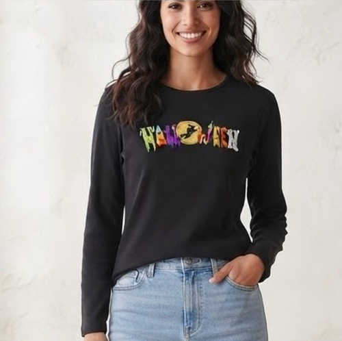 Classic Editions Black Embroidered Halloween Witch Top XL
