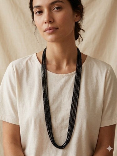 Vintage Multi Strand Black Seed Bead Long Statement Necklace