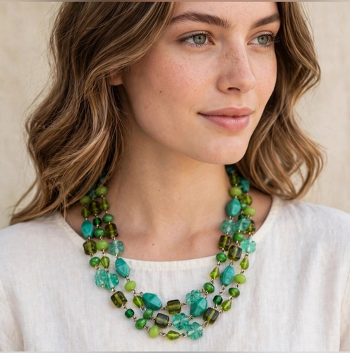 Green Multi Strand Beaded Statement Necklace Silver Tone
