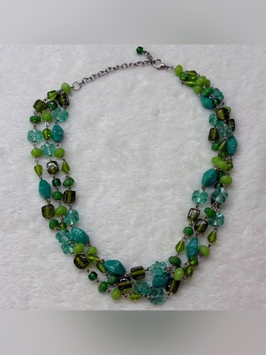 Green Multi Strand Beaded Statement Necklace Silver Tone - photo 2