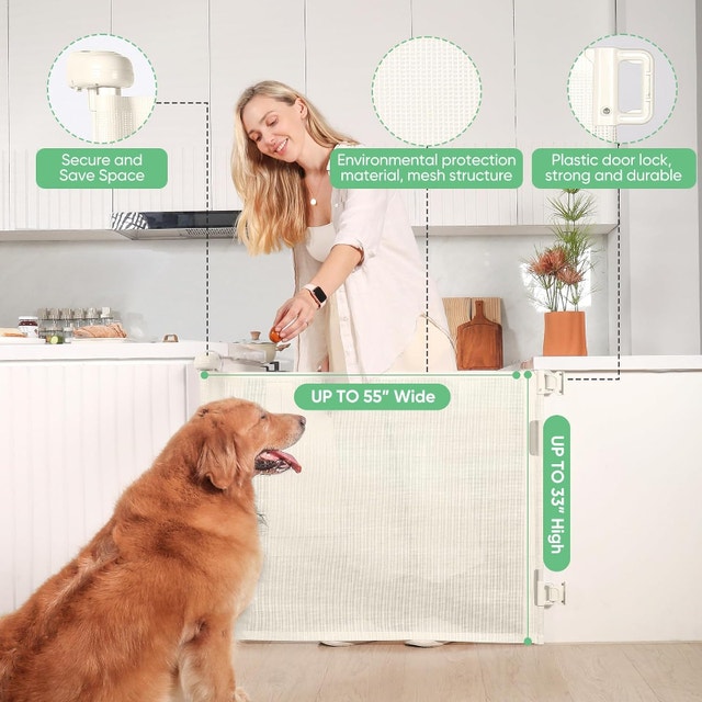 NEW Likzest BEIGE Retractable Baby Pet Mesh Gate 33" Tall x 55"W