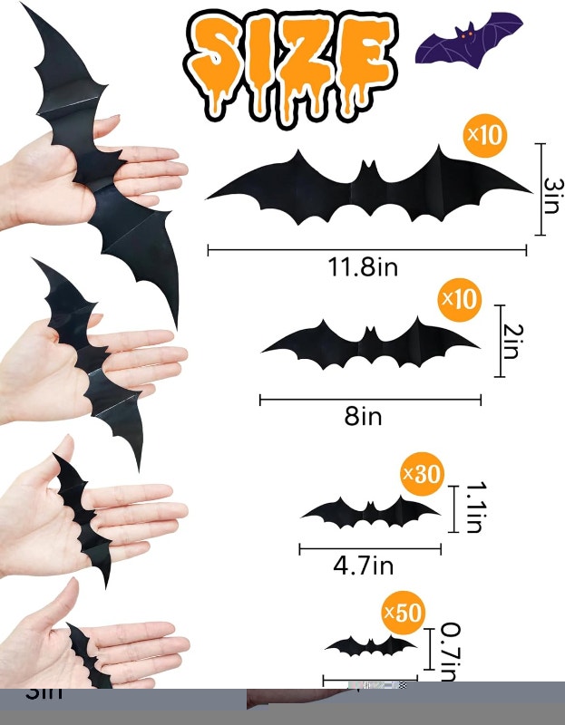NEW 100 Pcs Halloween Decorations 3D Bats Decor, 4 Sizes - photo 3