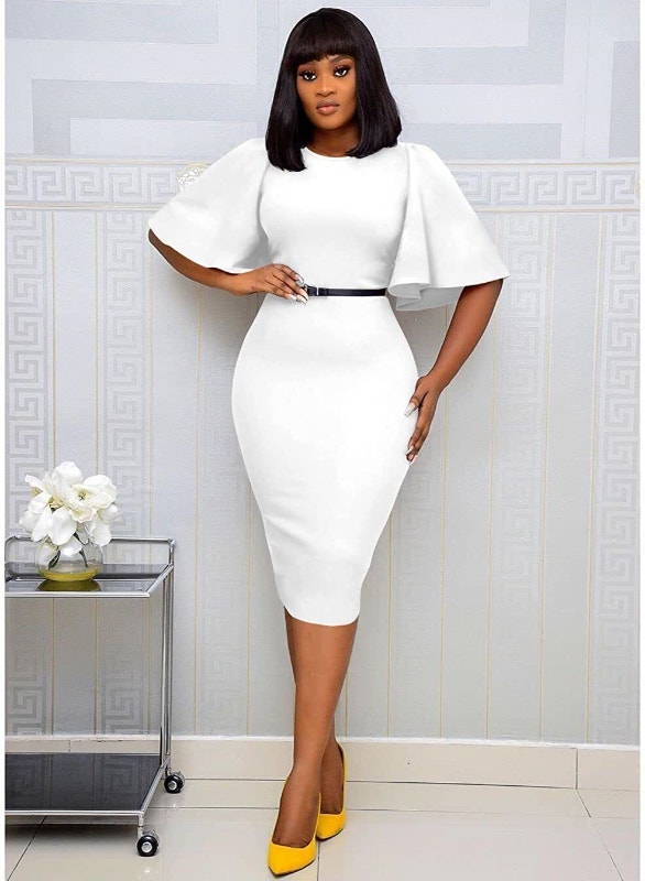 NEW White Large Memoriesea Women's Dress Basic Bodycon Ruffle
