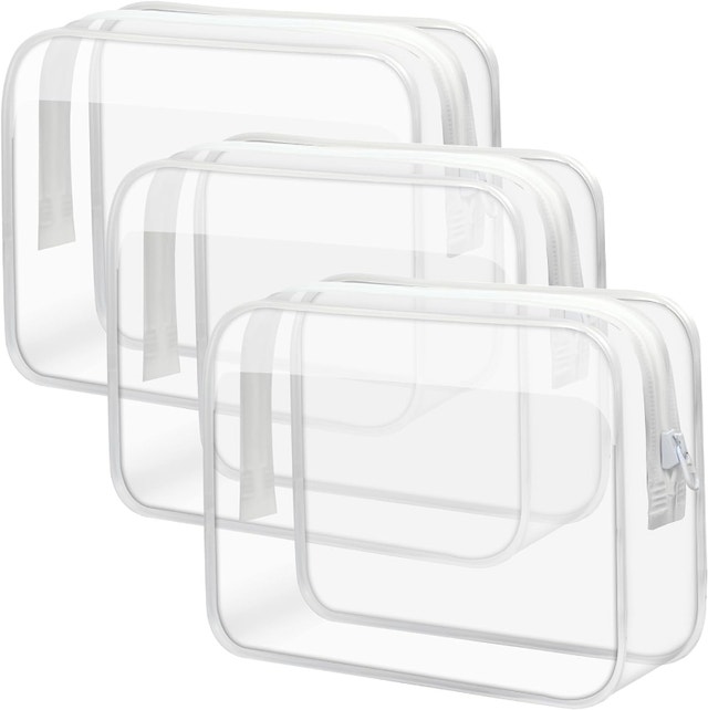 3 Pack Clear & White TSA Approved Toiletry Makeup Travel Bags