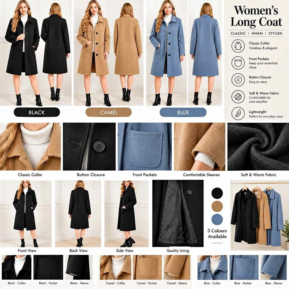 Women’s Long Coat – Black, Camel & Blue | Classic Stylish Coat