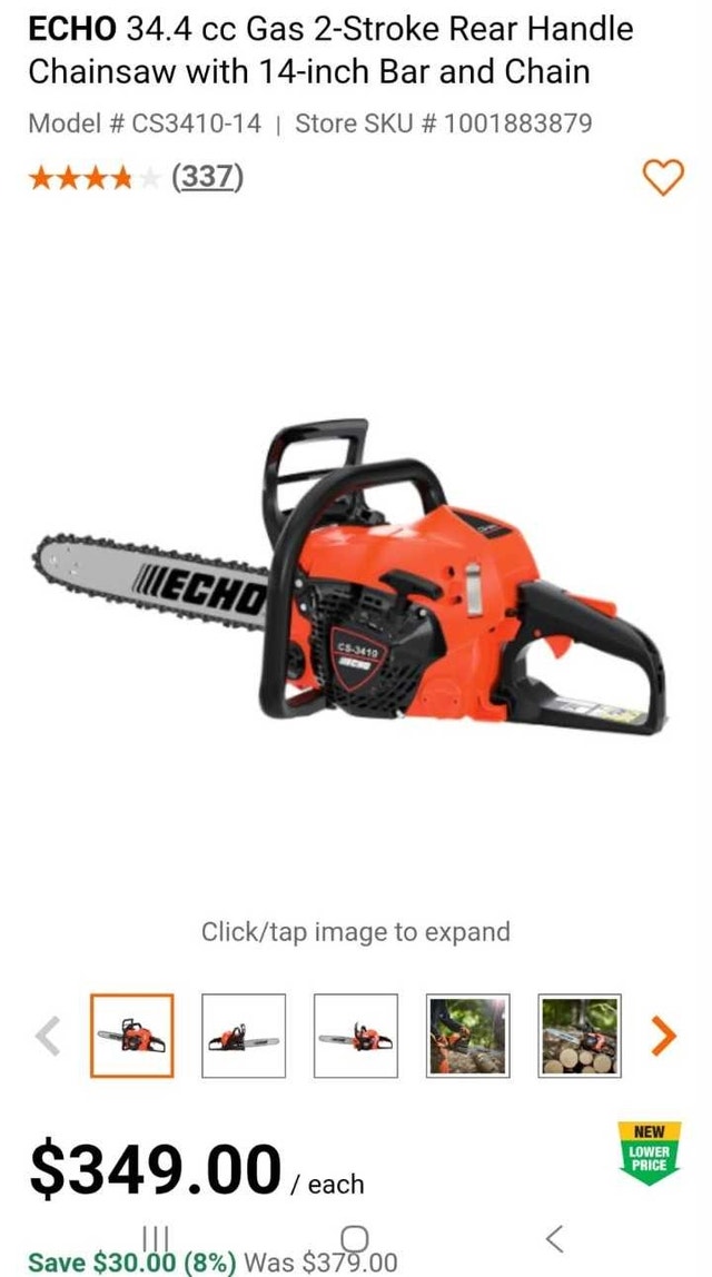 34.4 cc Gas 2-stroke Rear Handle Chainsaw - 14 inch Bar