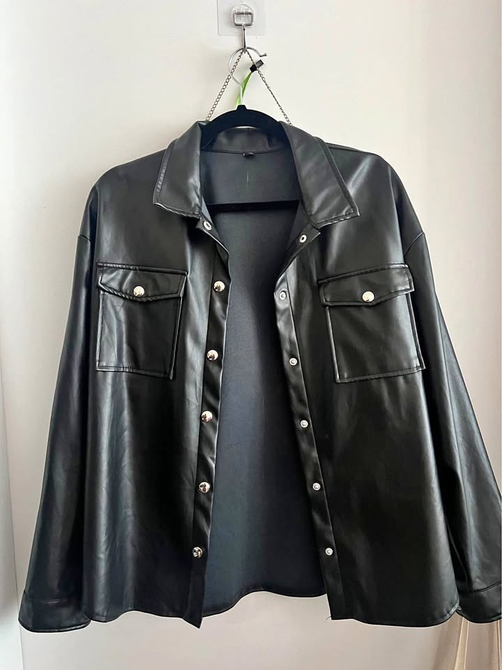 Faux leather wet look black shirt biker button-up L y2k