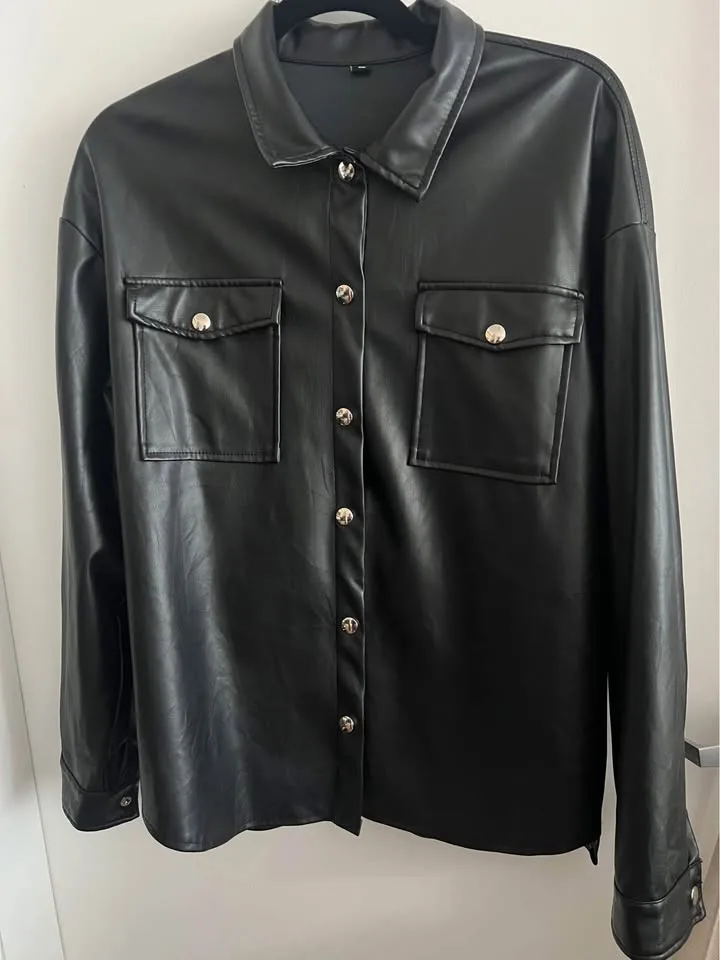 Faux leather wet look black shirt biker button-up L y2k image indicator(2)
