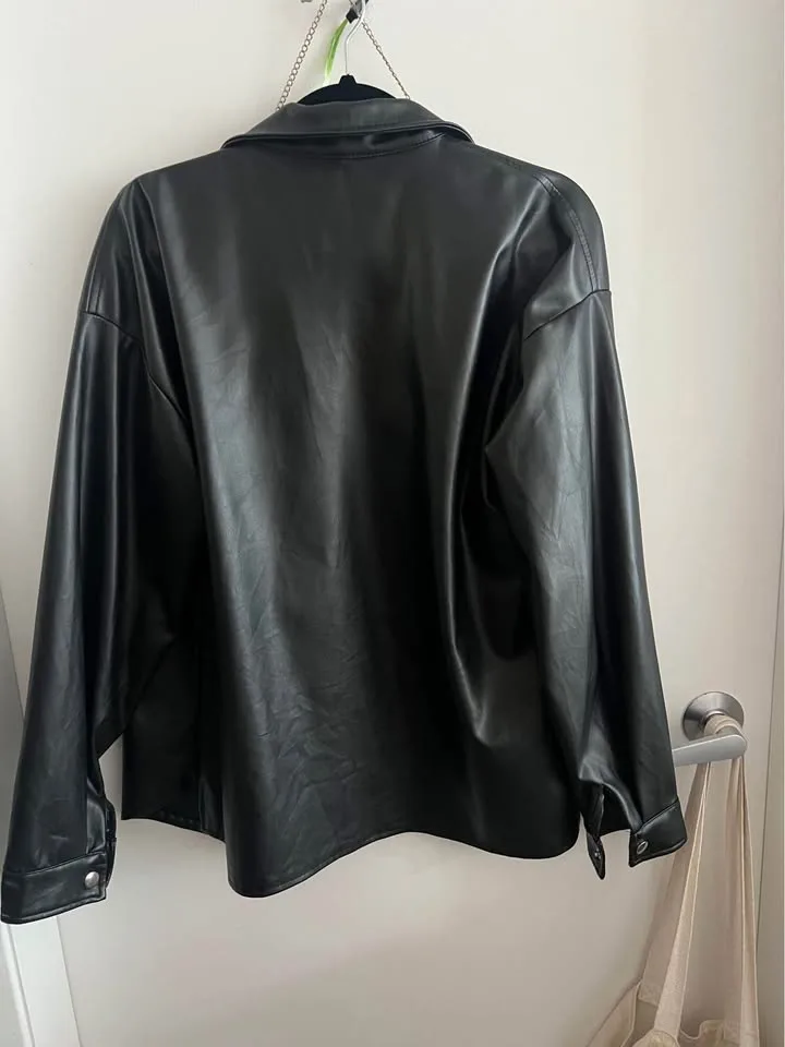 Faux leather wet look black shirt biker button-up L y2k image indicator(3)