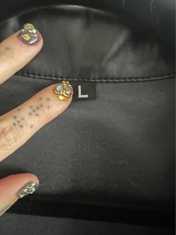 Faux leather wet look black shirt biker button-up L y2k image indicator(4)