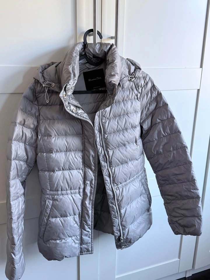 Massimo Dutti Feather Down Puffer Jacket Silver Grey Size S