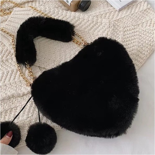 Black Faux Fur Heart Shoulder Bag Gold Chain Strap Zip Closure